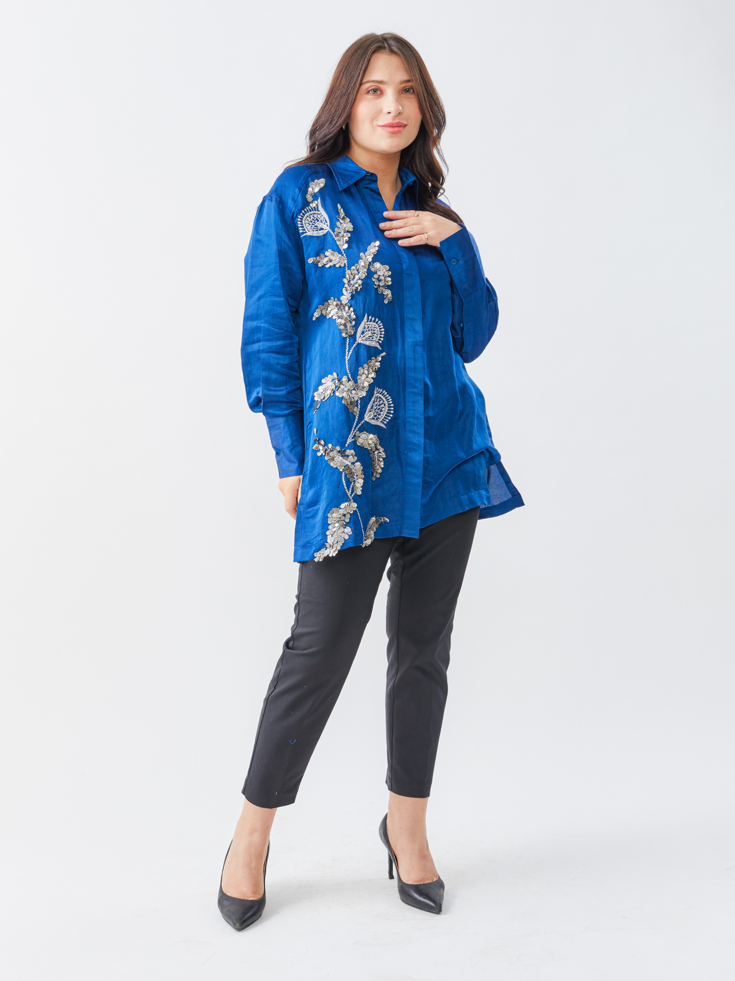 Fete Space Blue Shirt With Matalic Hand  Embroidery