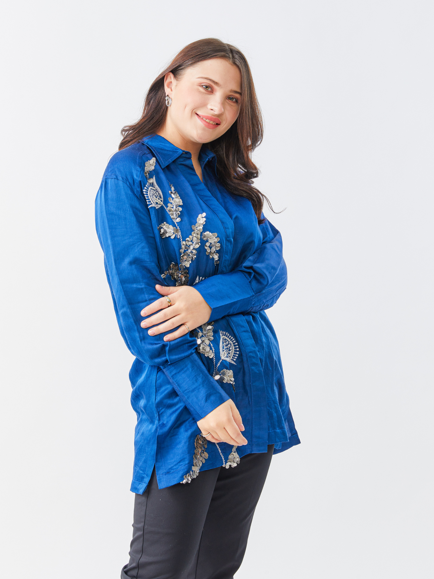 Fete Space Blue Shirt With Matalic Hand  Embroidery