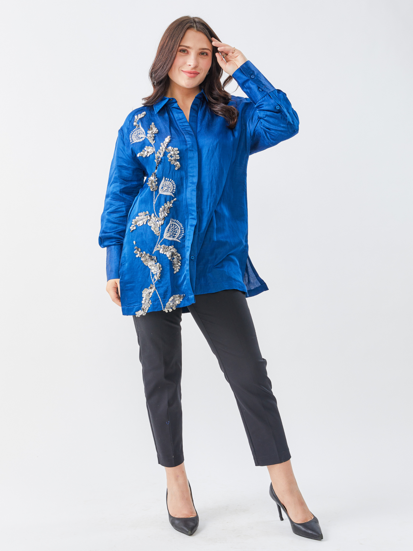 Fete Space Blue Shirt With Matalic Hand  Embroidery