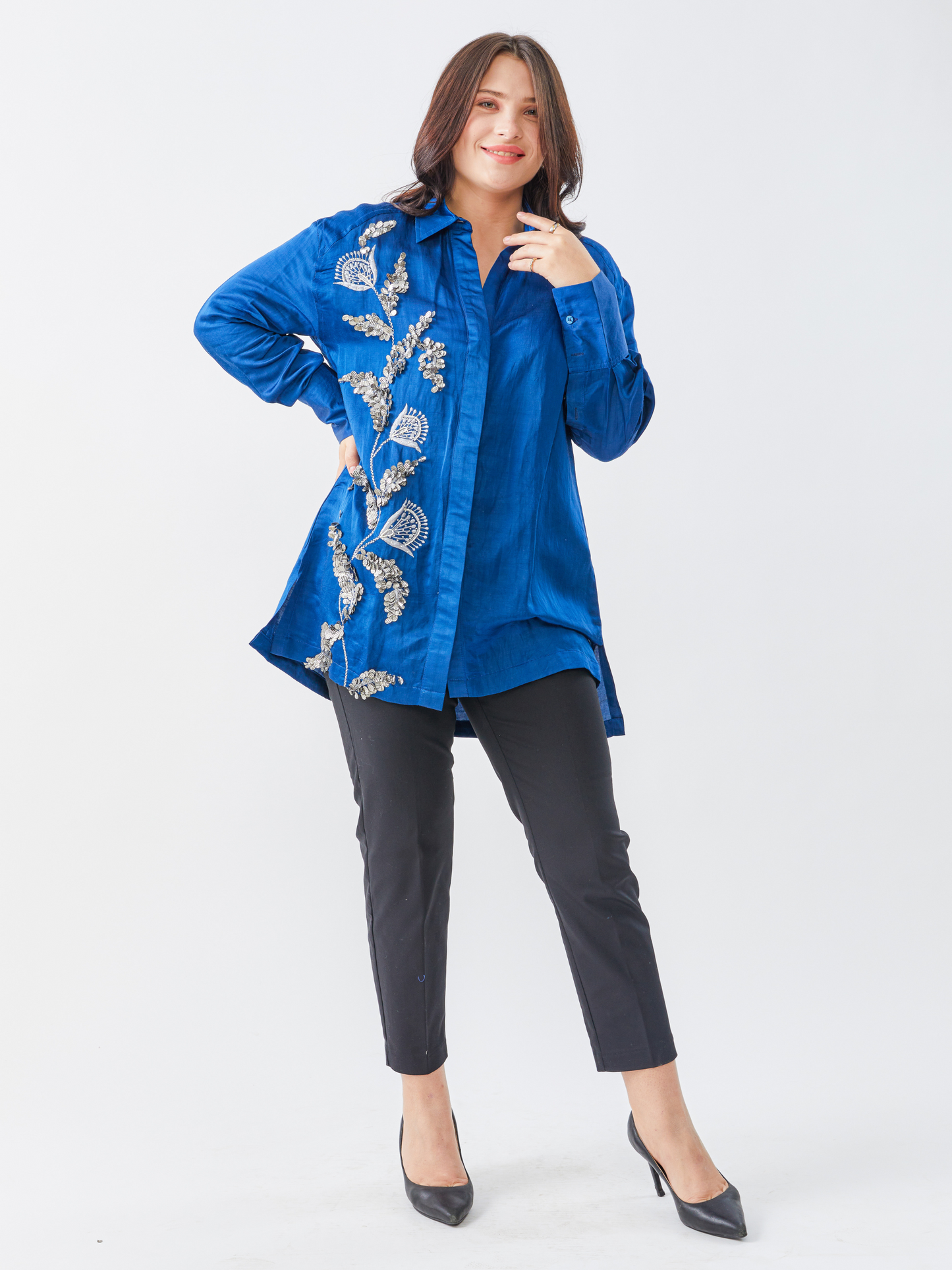 Fete Space Blue Shirt With Matalic Hand  Embroidery