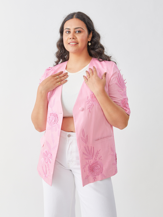 Flamigo Pink Summer Jacket With Tonal 3D Embroidery