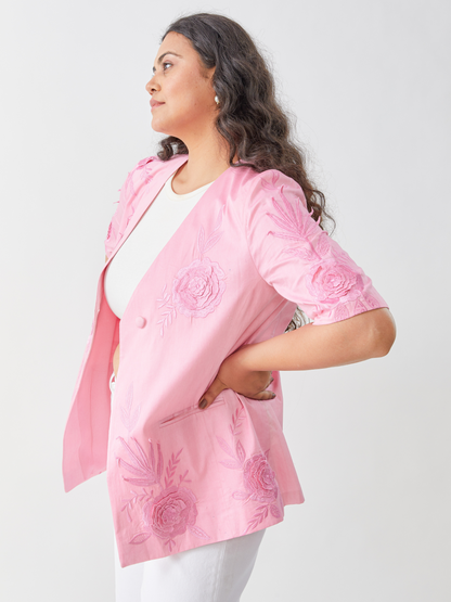 Flamigo Pink Summer Jacket With Tonal 3D Embroidery