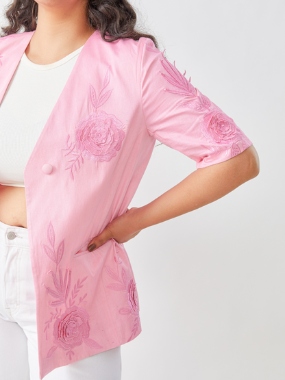 Flamigo Pink Summer Jacket With Tonal 3D Embroidery