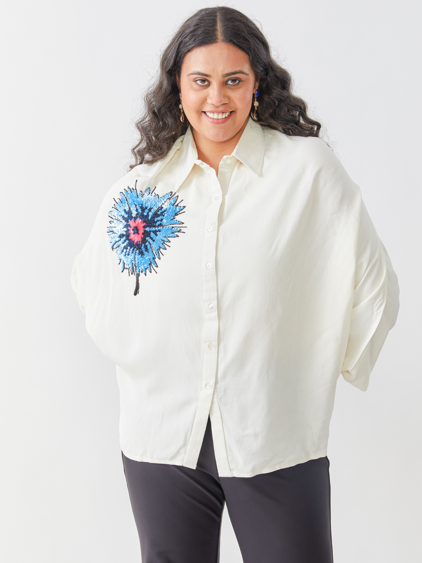 Koa White Butterfly Sleeve Shirt With Hand Embroidery