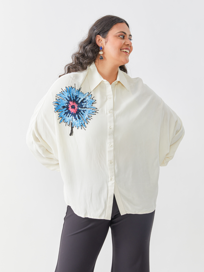 Koa White Butterfly Sleeve Shirt With Hand Embroidery