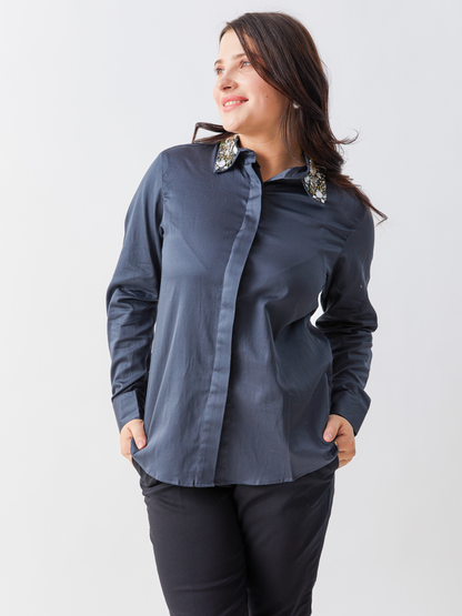 Lagom Steel Grey Shirt With Heavy Stone Embroidery