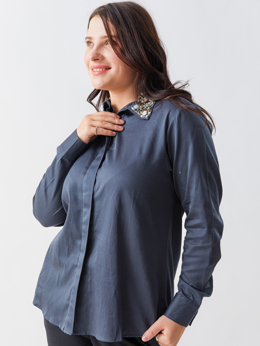 Lagom Steel Grey Shirt With Heavy Stone Embroidery