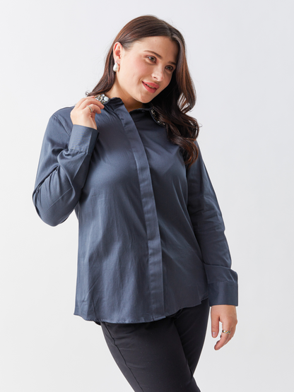 Lagom Steel Grey Shirt With Heavy Stone Embroidery