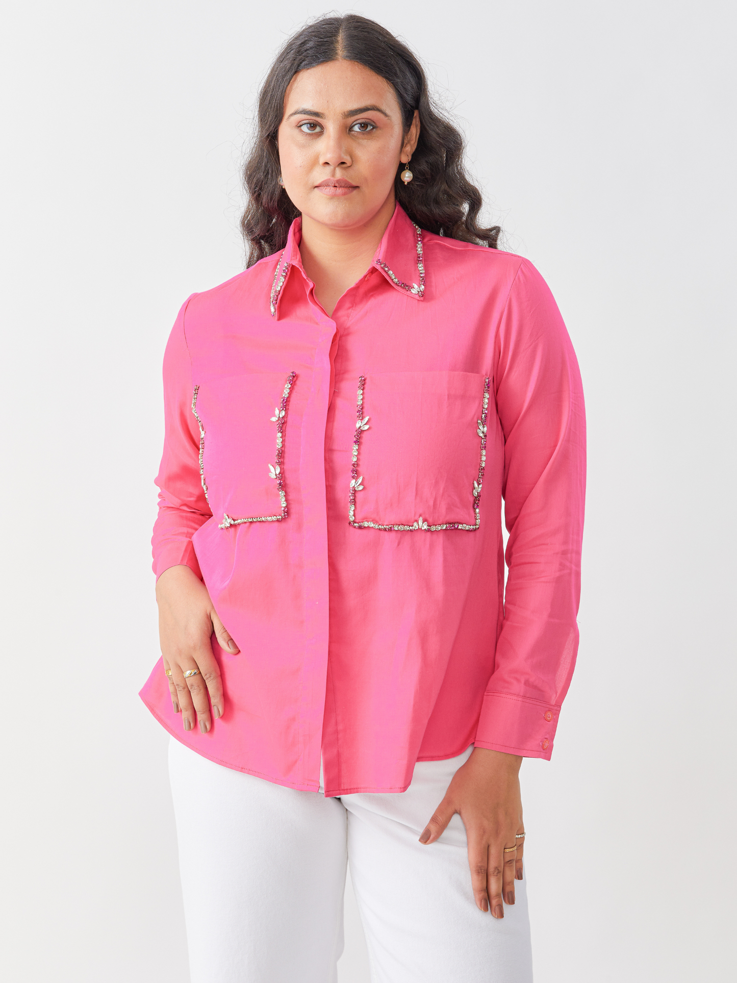 Fika Fushcia Cotton Shirt With Stone Embroidery