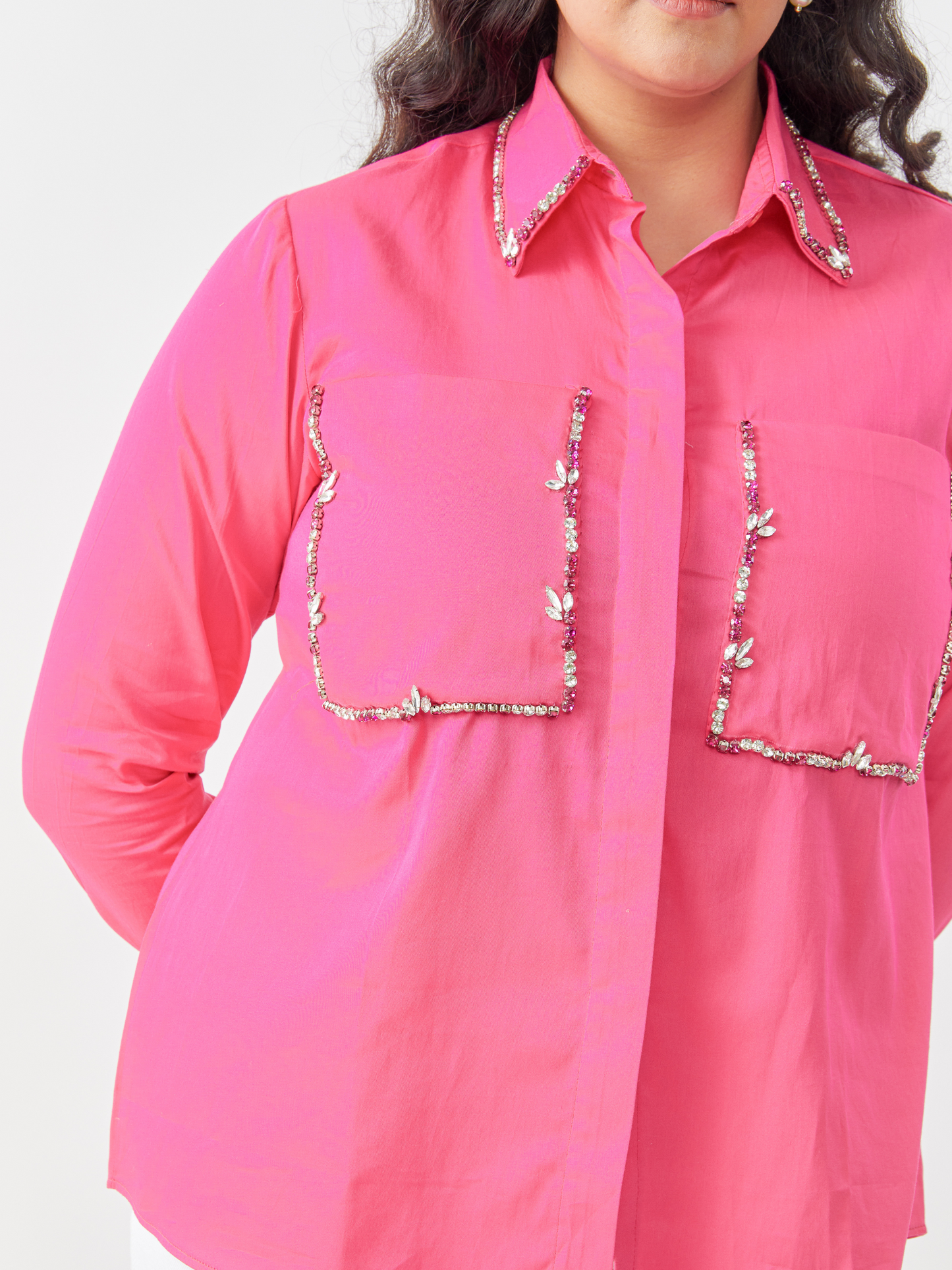 Fika Fushcia Cotton Shirt With Stone Embroidery