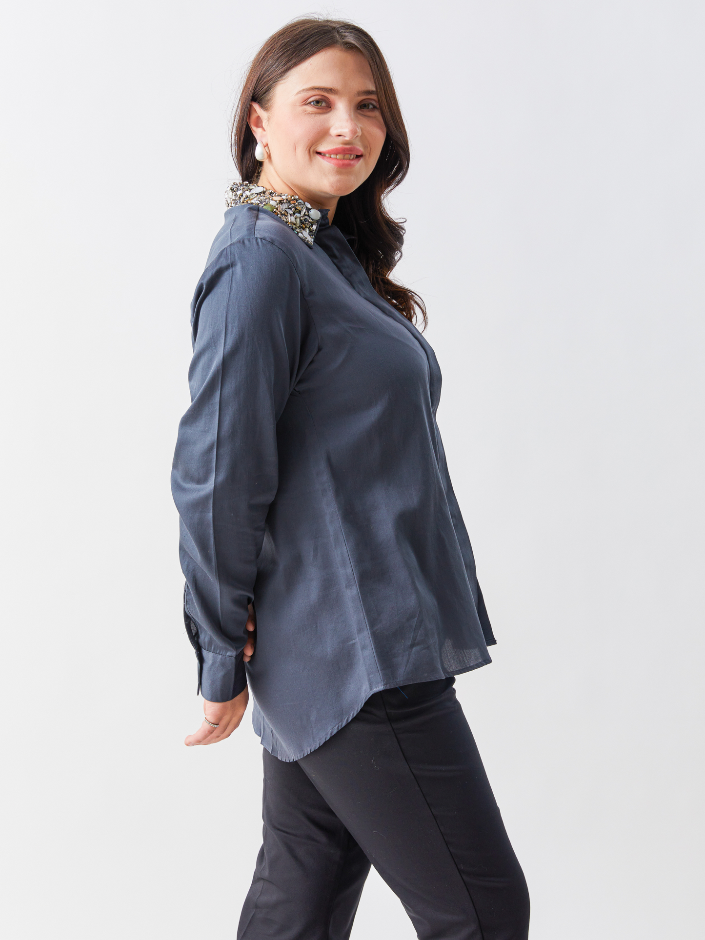 Lagom Steel Grey Shirt With Heavy Stone Embroidery