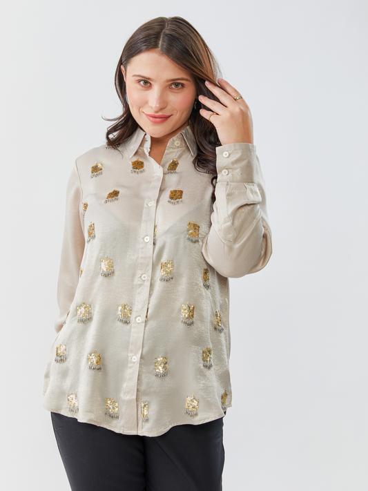 Emma Gold Grey Shirt With Hand Embroidery