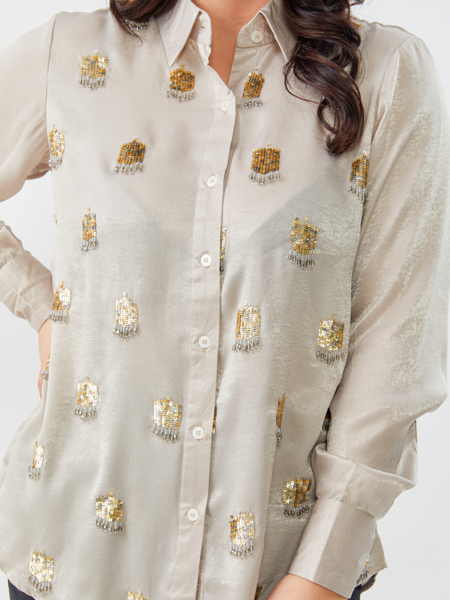 Emma Gold Grey Shirt With Hand Embroidery