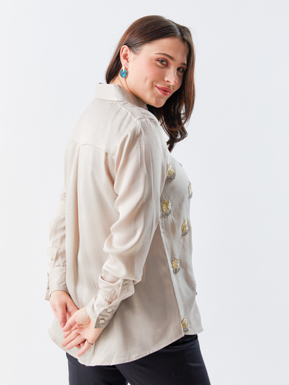 Emma Gold Grey Shirt With Hand Embroidery