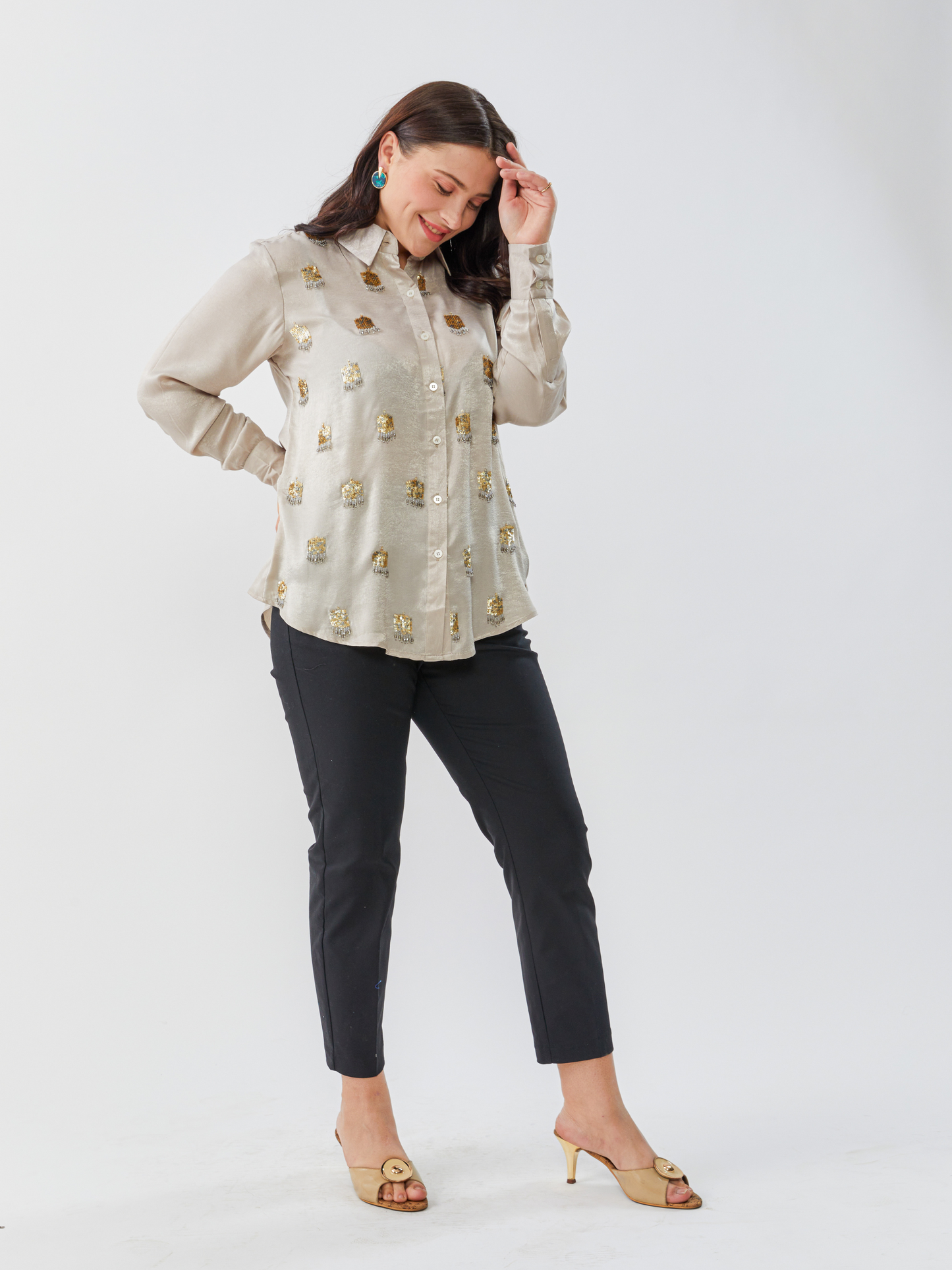 Emma Gold Grey Shirt With Hand Embroidery