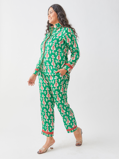 Fika Leaf Green Co-Ord Set With Crochet Lace Detailings