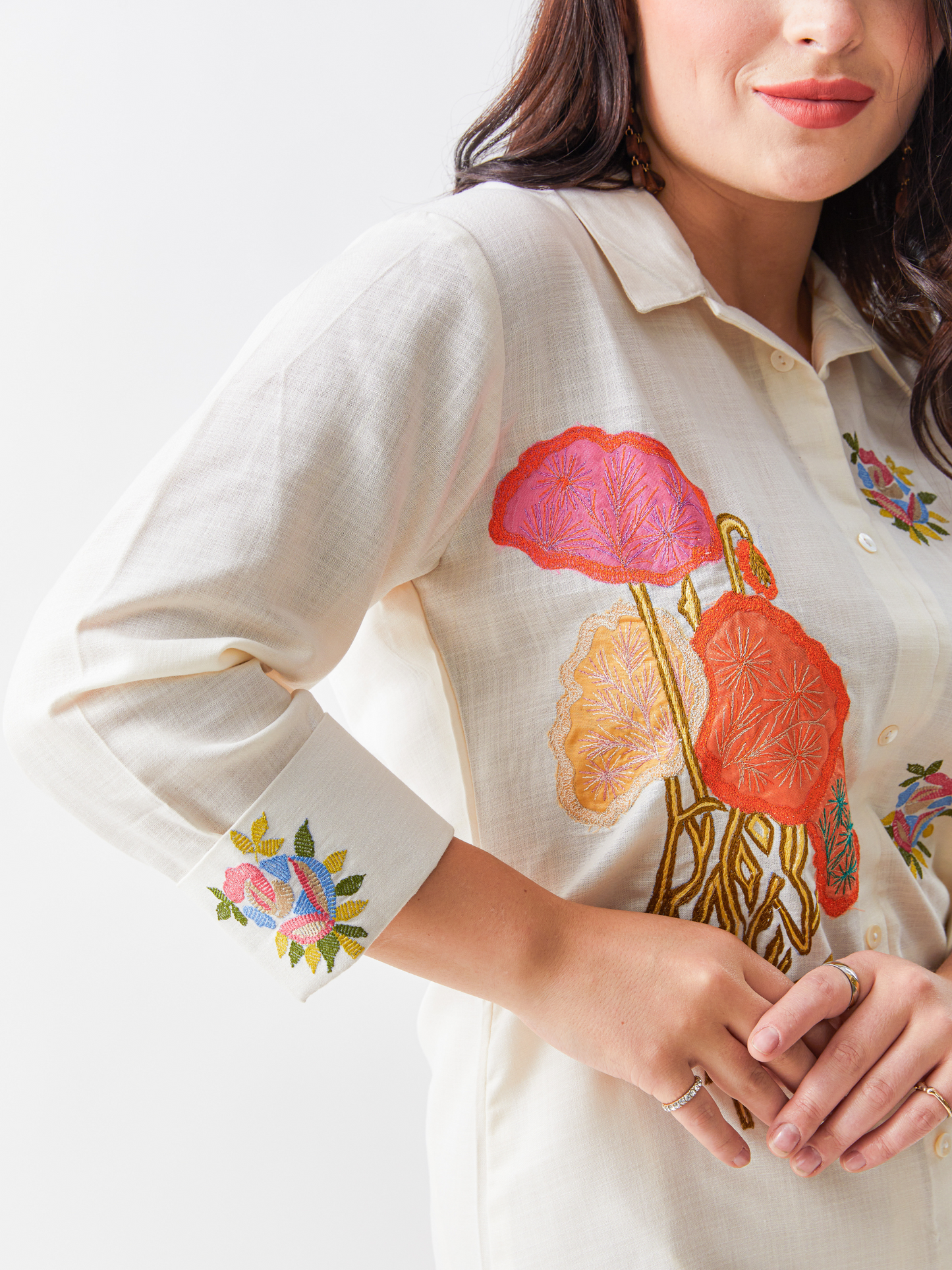 Lagom Beige Cotton Silk Tunic Set With Applique Embroidery