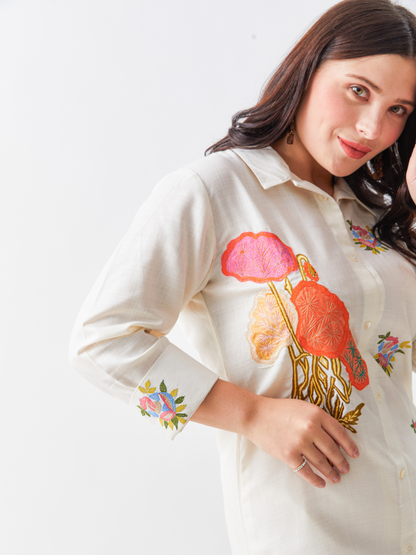 Lagom Beige Cotton Silk Tunic Set With Applique Embroidery