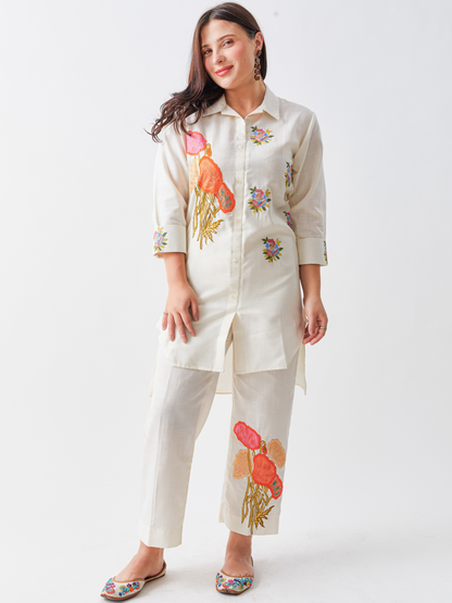 Lagom Beige Cotton Silk Tunic Set With Applique Embroidery