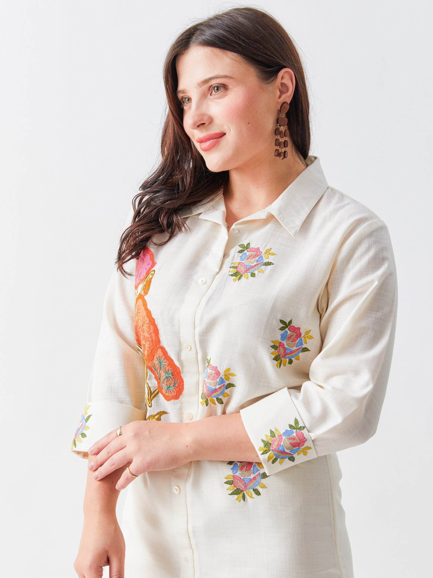 Lagom Beige Cotton Silk Tunic Set With Applique Embroidery