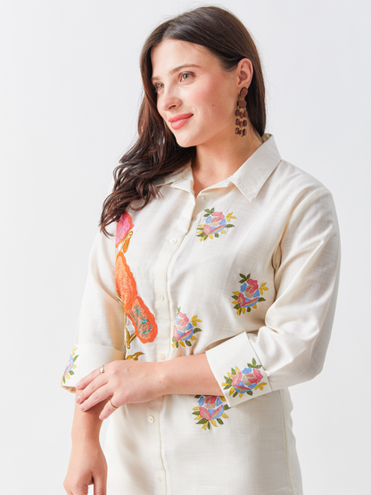 Lagom Beige Cotton Silk Tunic Set With Applique Embroidery