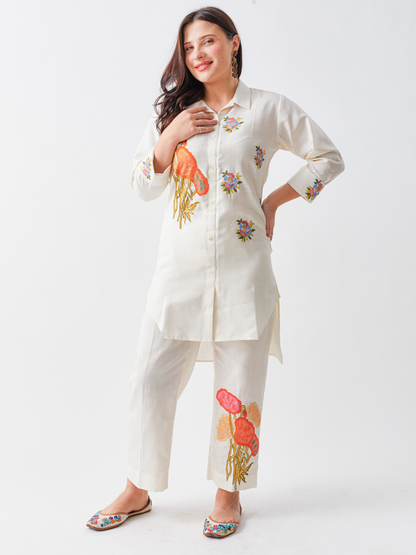 Lagom Beige Cotton Silk Tunic Set With Applique Embroidery