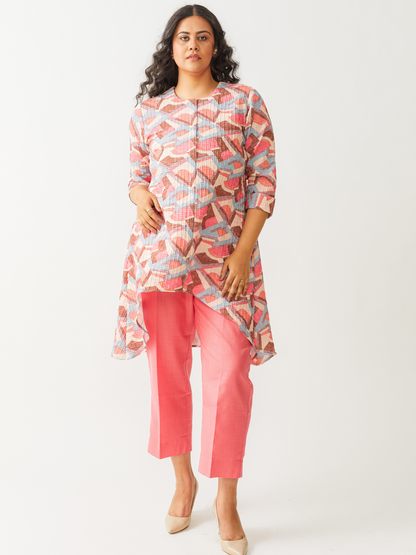 Fika Wrinkle Cotton Tunic Set With Coral Pants