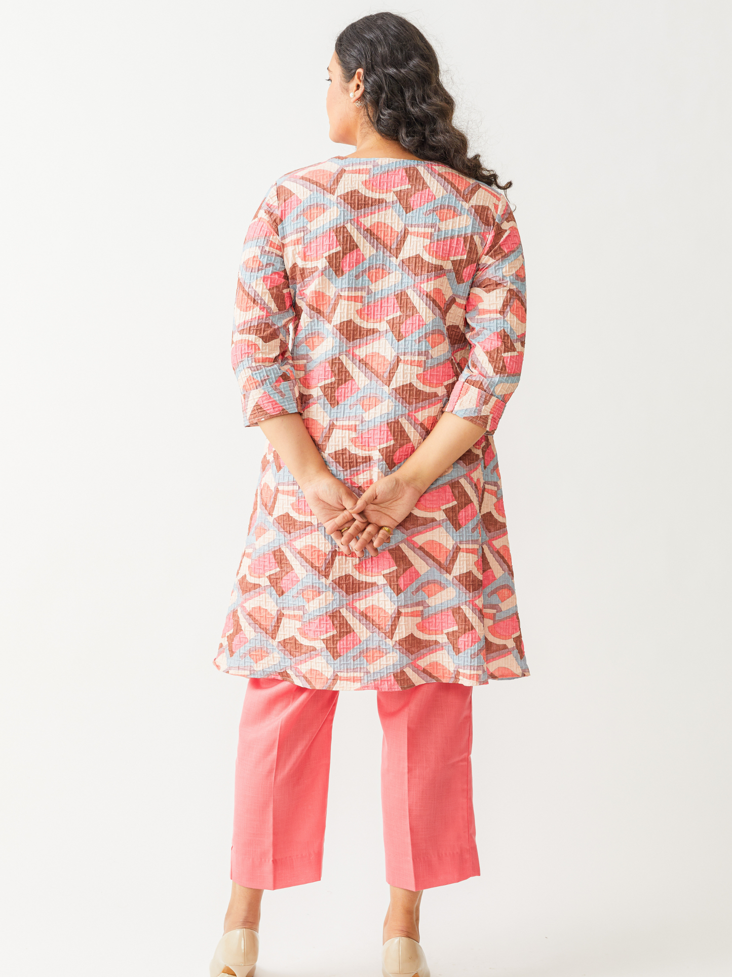 Fika Wrinkle Cotton Tunic Set With Coral Pants