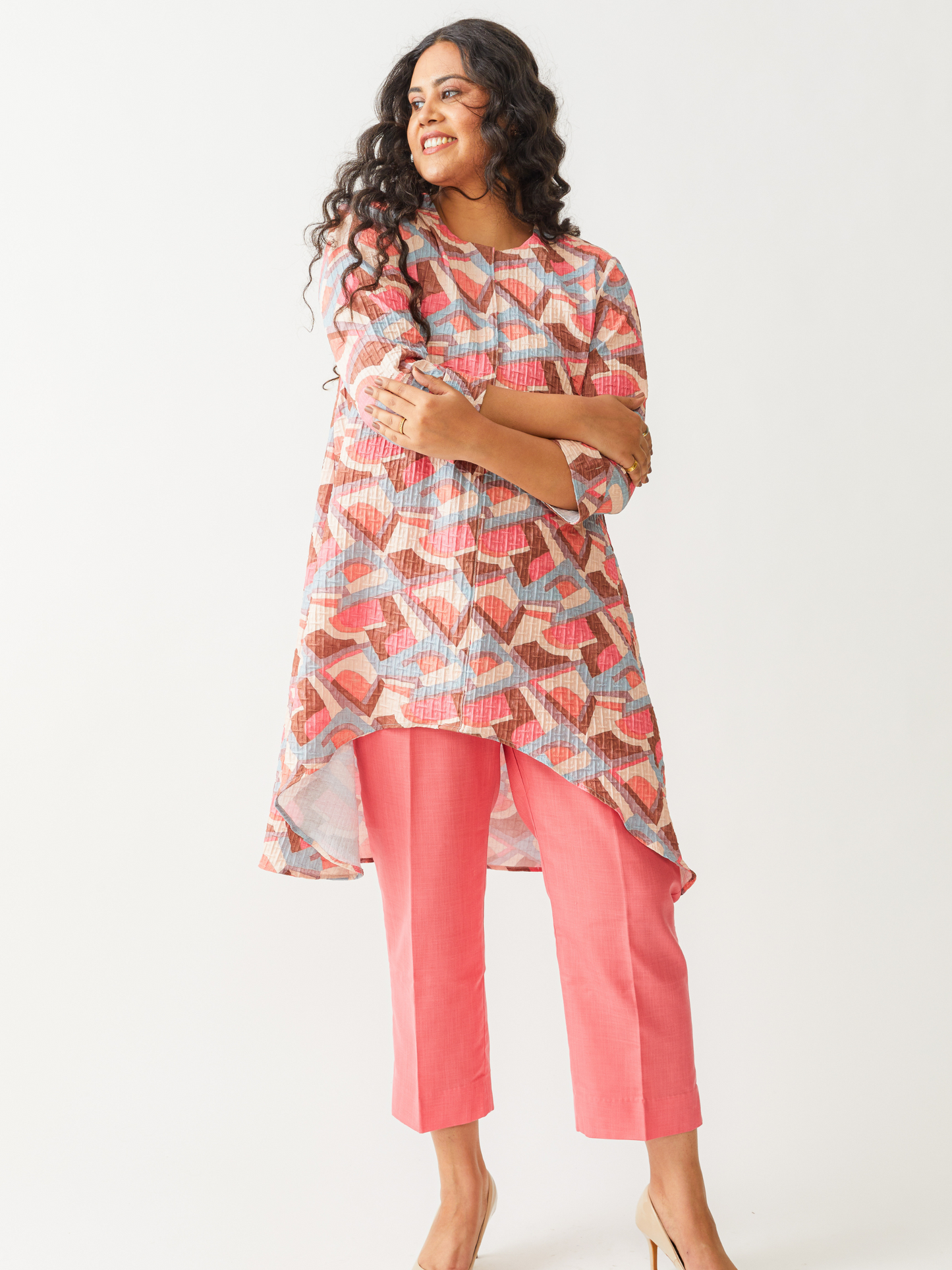 Fika Wrinkle Cotton Tunic Set With Coral Pants