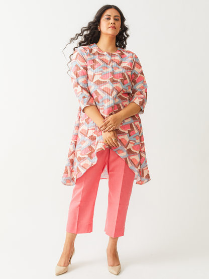 Fika Wrinkle Cotton Tunic Set With Coral Pants