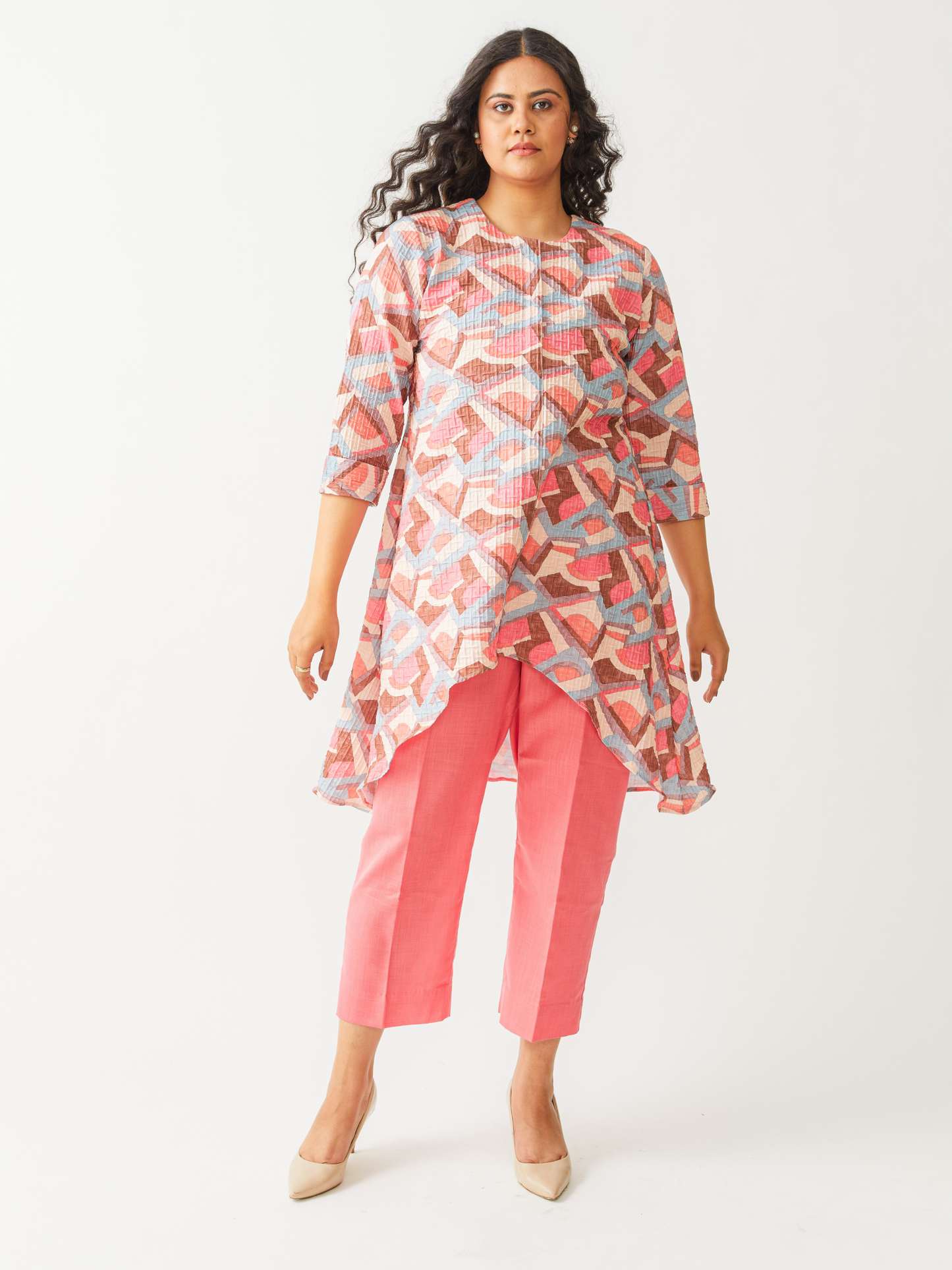 Fika Wrinkle Cotton Tunic Set With Coral Pants