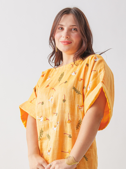 Haru Oversized Dress With Single Tanka Bird Embroidery