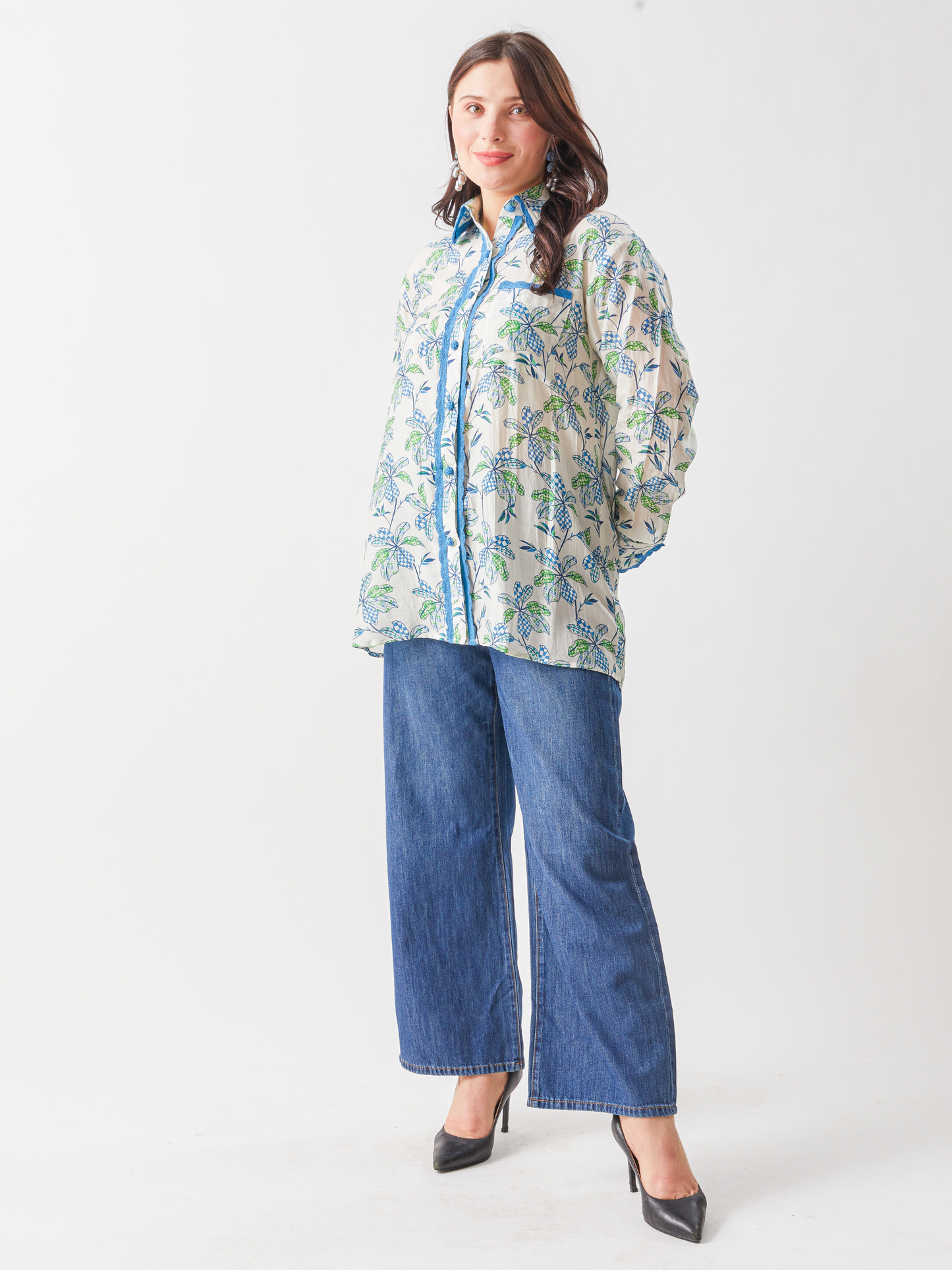 Fika Digital Printed Shirt With Contrast Lace Work And Crotchet Buttons