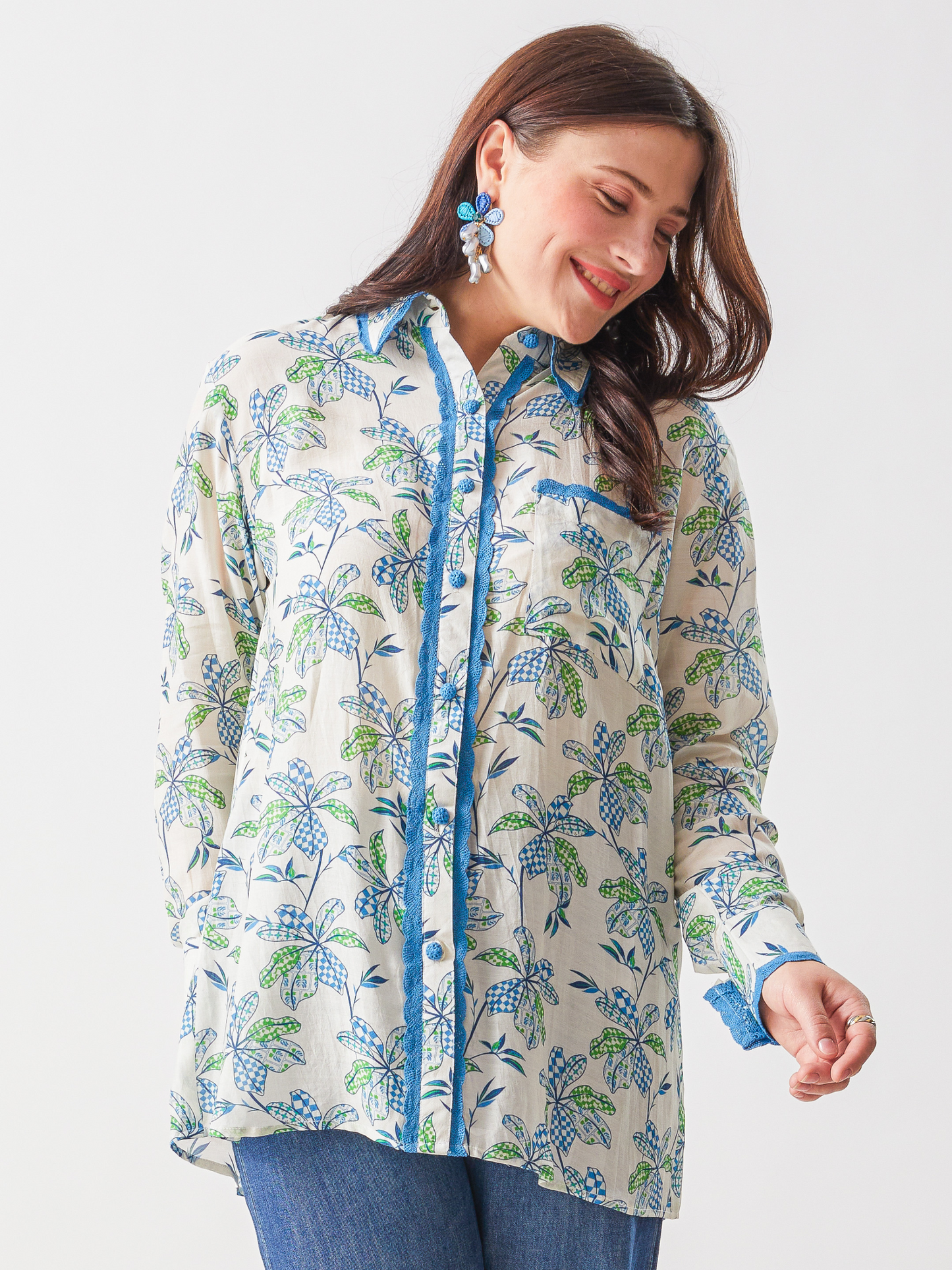 Fika Digital Printed Shirt With Contrast Lace Work And Crotchet Buttons