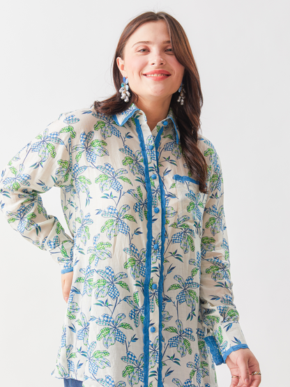 Fika Digital Printed Shirt With Contrast Lace Work And Crotchet Buttons