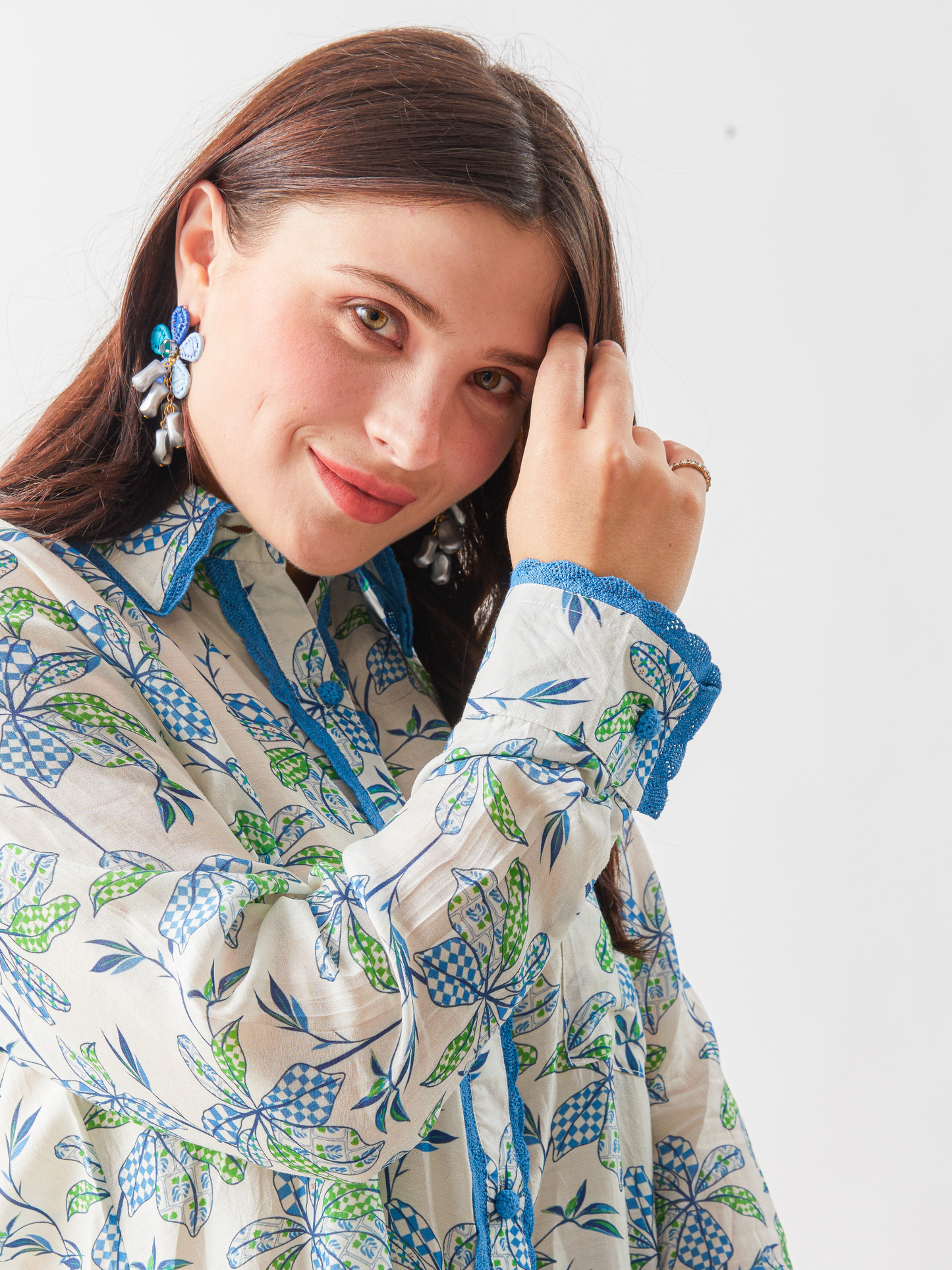 Fika Digital Printed Shirt With Contrast Lace Work And Crotchet Buttons