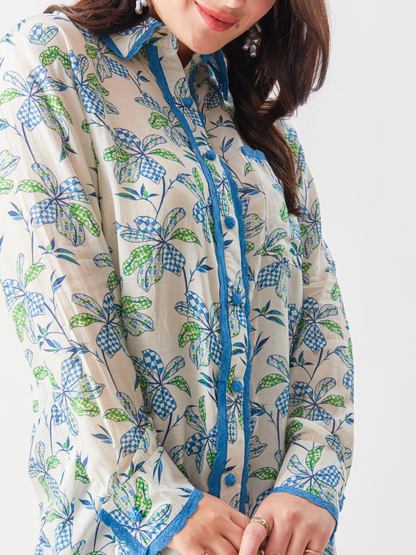 Fika Digital Printed Shirt With Contrast Lace Work And Crotchet Buttons