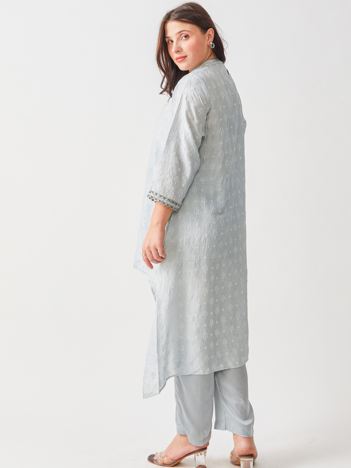 Emma Light Grey Soft Raw Silk Tunic Set