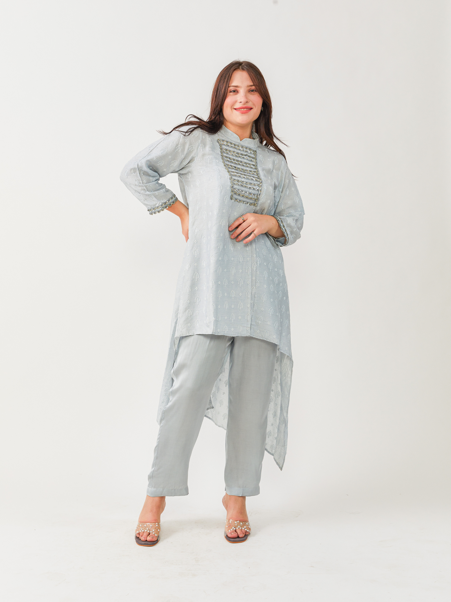 Emma Light Grey Soft Raw Silk Tunic Set