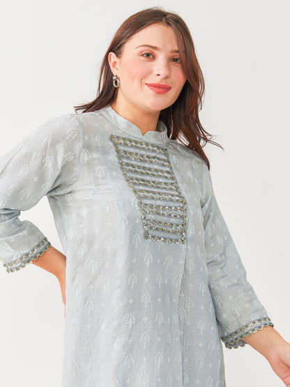 Emma Light Grey Soft Raw Silk Tunic Set