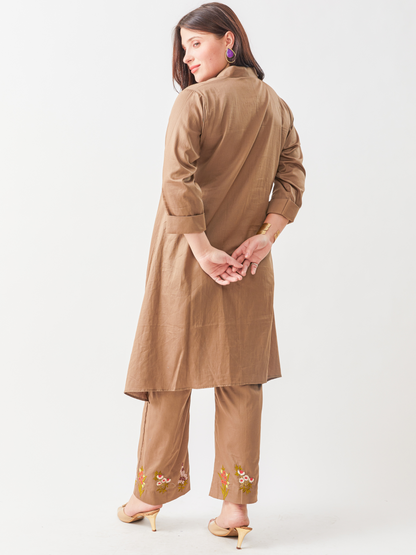 Lagom Taupe Cotton Satin Tunic Set With Floral Embroidery