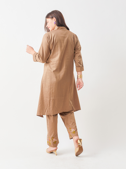 Lagom Taupe Cotton Satin Tunic Set With Floral Embroidery