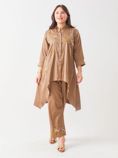 Lagom Taupe Cotton Satin Tunic Set With Floral Embroidery