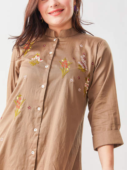 Lagom Taupe Cotton Satin Tunic Set With Floral Embroidery