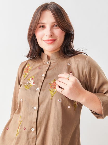 Lagom Taupe Cotton Satin Tunic Set With Floral Embroidery