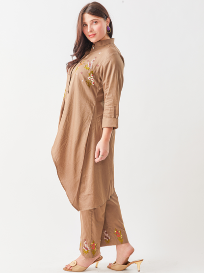 Lagom Taupe Cotton Satin Tunic Set With Floral Embroidery