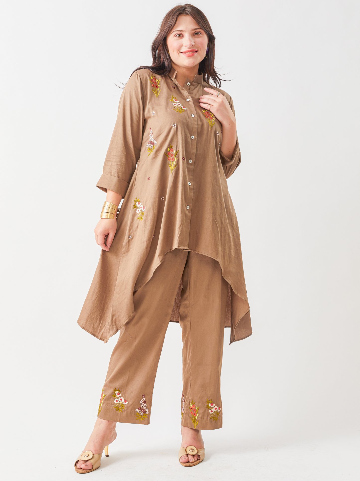 Lagom Taupe Cotton Satin Tunic Set With Floral Embroidery