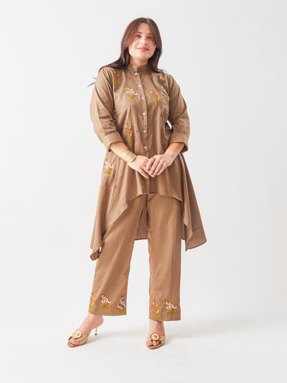 Lagom Taupe Cotton Satin Tunic Set With Floral Embroidery