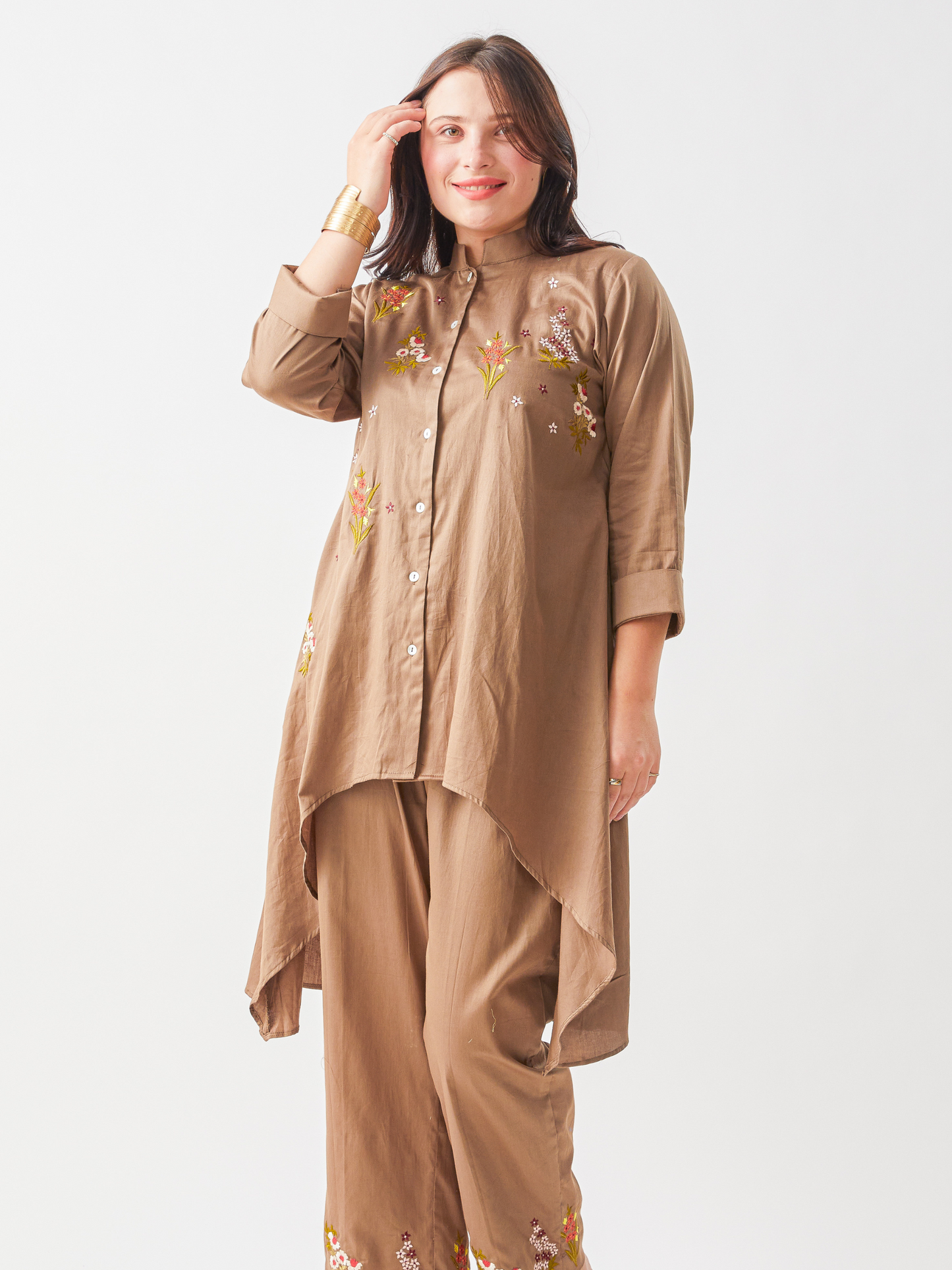 Lagom Taupe Cotton Satin Tunic Set With Floral Embroidery