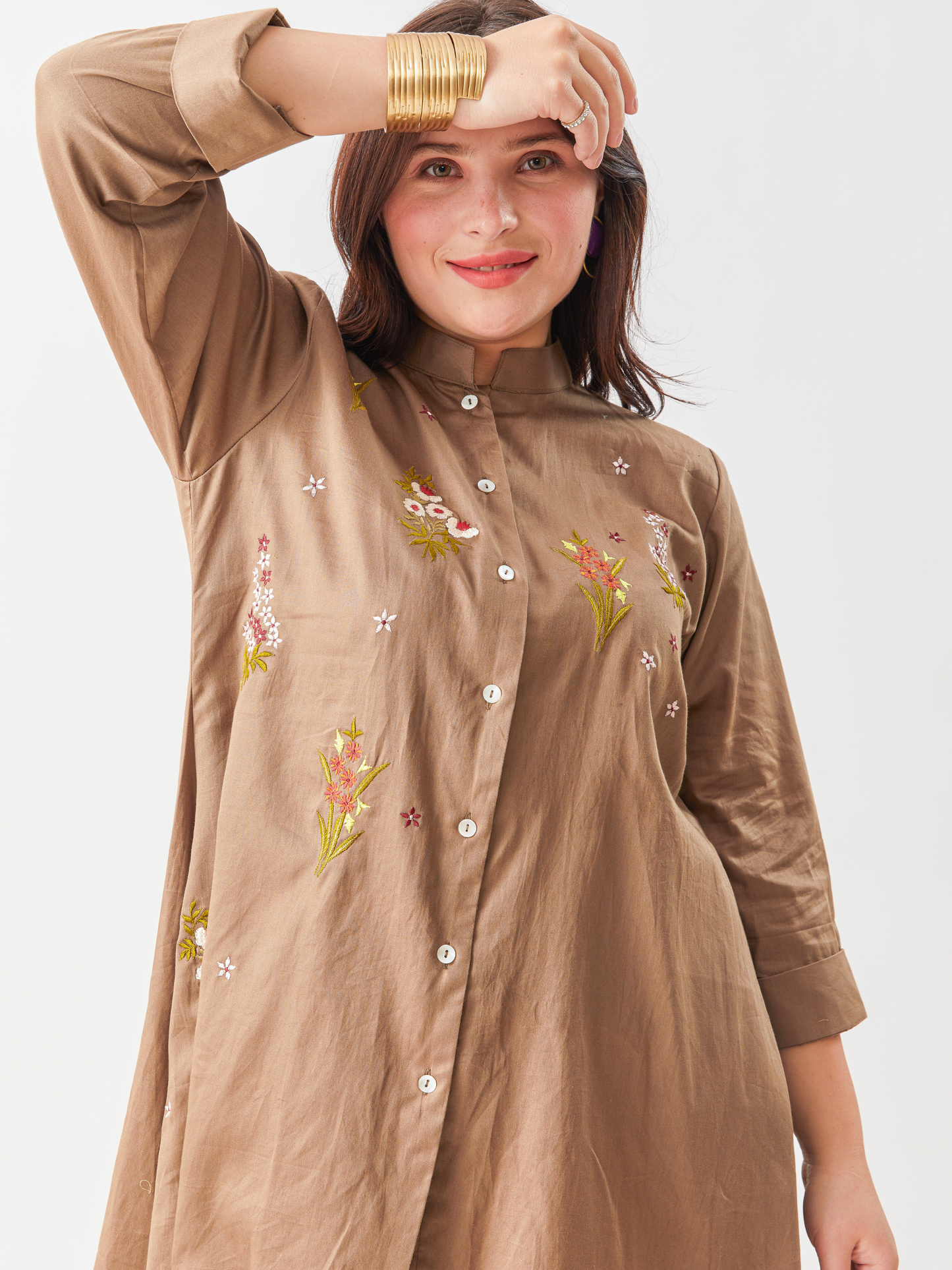 Lagom Taupe Cotton Satin Tunic Set With Floral Embroidery